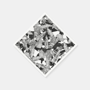 Modern Black and White Tropical Banana Leaves Napkin