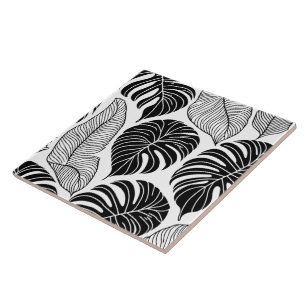 Modern black and white tropical leaves ceramic tile