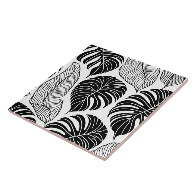 Modern black and white tropical leaves ceramic tile (Side)