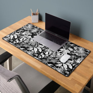 Modern Black and White Tropical Leaves Desk Mat