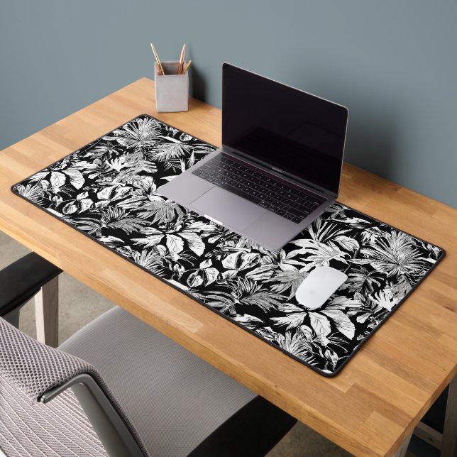 Modern Black and White Tropical Leaves  Desk Mat (Office 2)