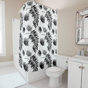 Modern Black and White Tropical Palm Leaves Shower Curtain