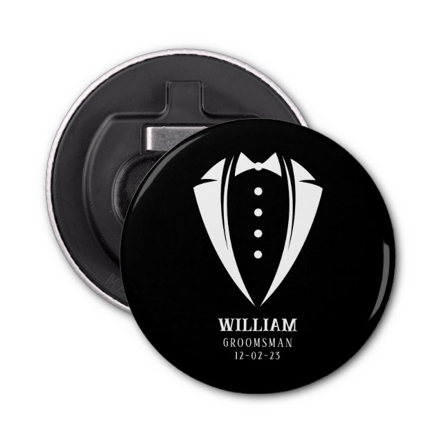 Modern Black and White Tuxedo Groomsman Gift Bottle Opener (Front)