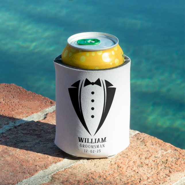 Modern Black and White Tuxedo Groomsman Gift Can Cooler (In Situ Pool)