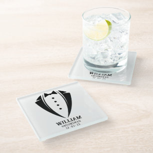 Modern Black and White Tuxedo Groomsman Gift Glass Coaster