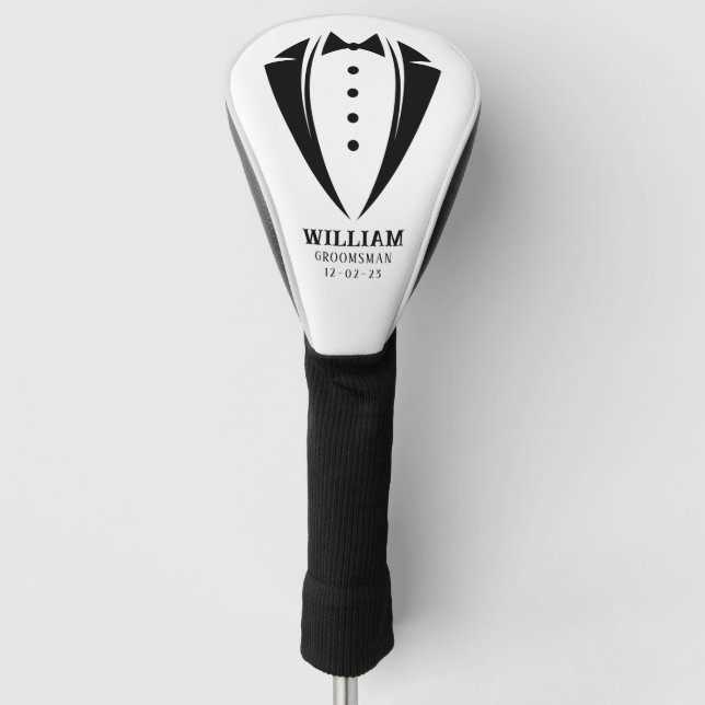 Modern Black and White Tuxedo Groomsman Gift Golf Head Cover (Front)