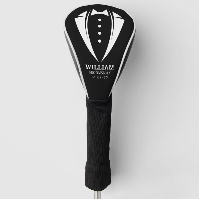 Modern Black and White Tuxedo Groomsman Gift Golf Head Cover (Front)
