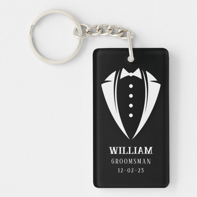 Modern Black and White Tuxedo Groomsman Gift Key Ring (Front)