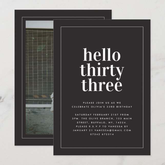 Modern black and white typography photo birthday invitation (Front/Back)