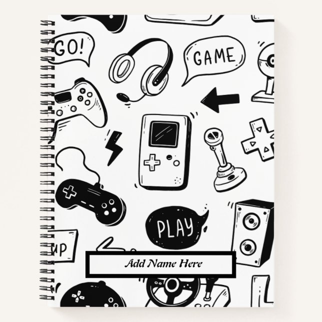  Modern Black and White Video Game Pattern Notebook (Front)