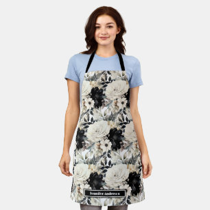 Modern Black and White Watercolor Floral Apron
