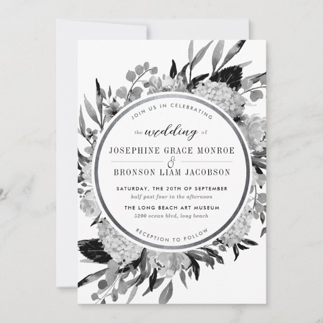 Modern Black and White Watercolor Floral Silver Invitation (Front)