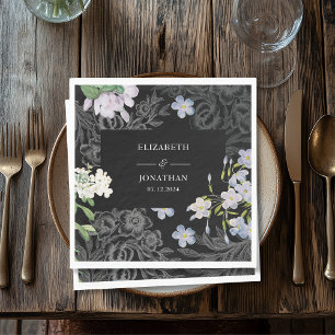 Modern Black and white watercolor floral wedding Napkin