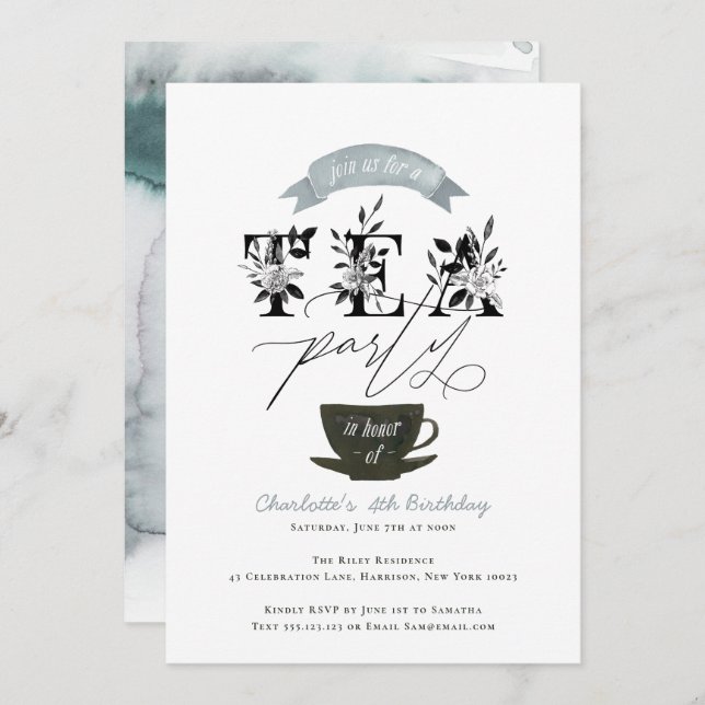 Modern Black and White Watercolor Tea Party Invitation (Front/Back)