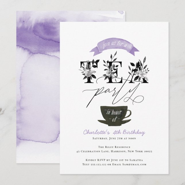 Modern Black and White Watercolor Tea Party Purple Invitation (Front/Back)