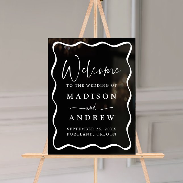 Modern Black and White Wavy Frame Wedding Welcome Acrylic Sign (Creator Uploaded)