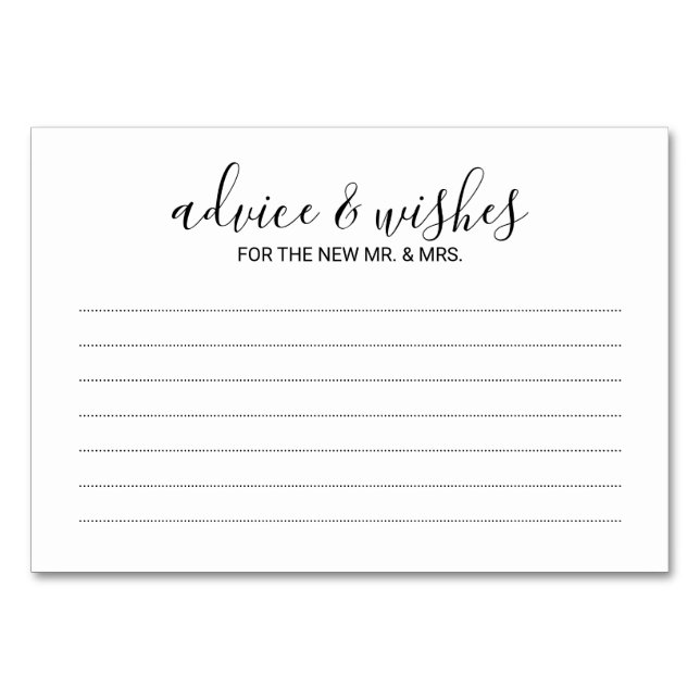 Modern Black and White Wedding Advice and Wishes Table Number (Front)