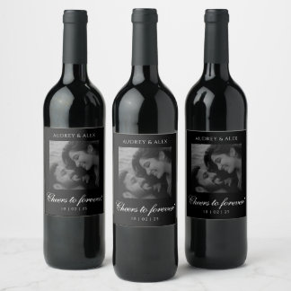 Modern Black and White Wedding Photo Wine Label