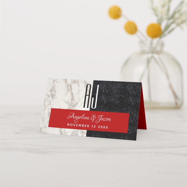 Modern Black and White Wedding Place Card (Back)