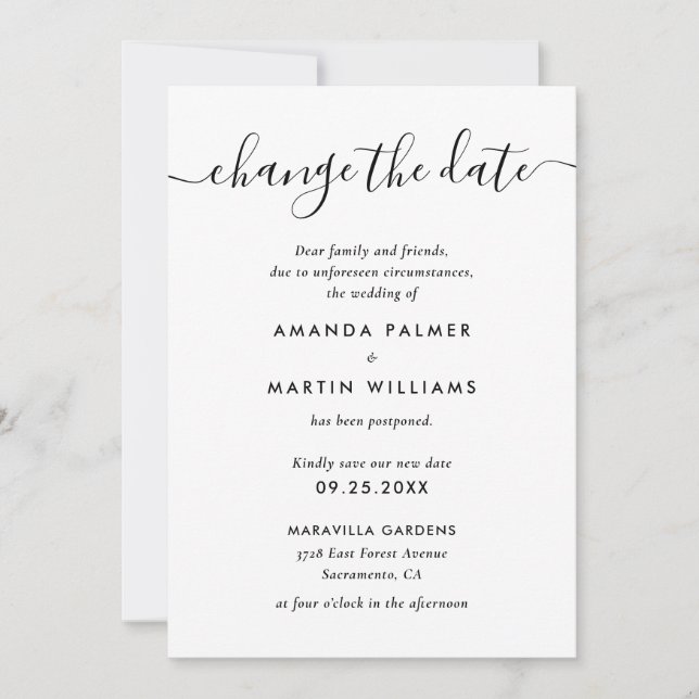 Modern Black and White Wedding Postponement Announcement (Front)