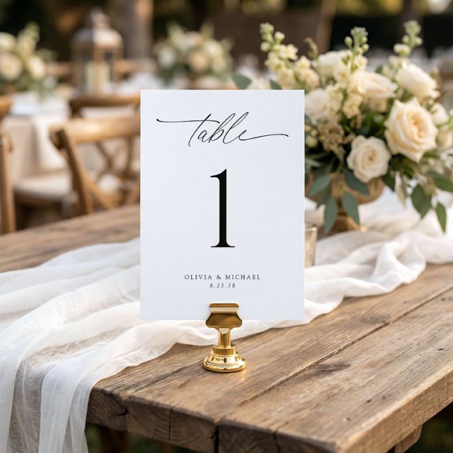 Modern Black and White Wedding Table Number Cards (modern wedding table number 5x7 minimalist elegant handwriting script reception table decor)