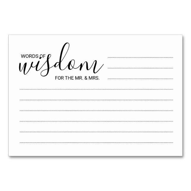 Modern Black and White Wedding Words of Wisdom Table Number (Front)