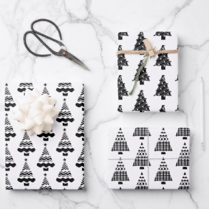 Modern Black and White Whimsical Christmas Trees Wrapping Paper Sheet