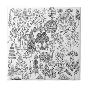 Modern Black and White Whimsical Tree Patterned Ceramic Tile