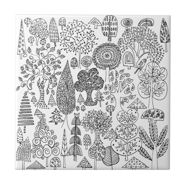 Modern Black and White Whimsical Tree Patterned Ceramic Tile (Front)