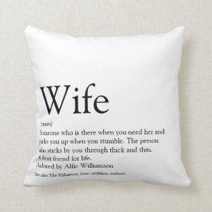 Modern Black and White Wife Definition Wedding Cushion