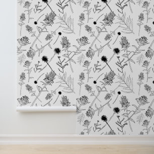 Modern Black and white wildflower line art Wallpaper