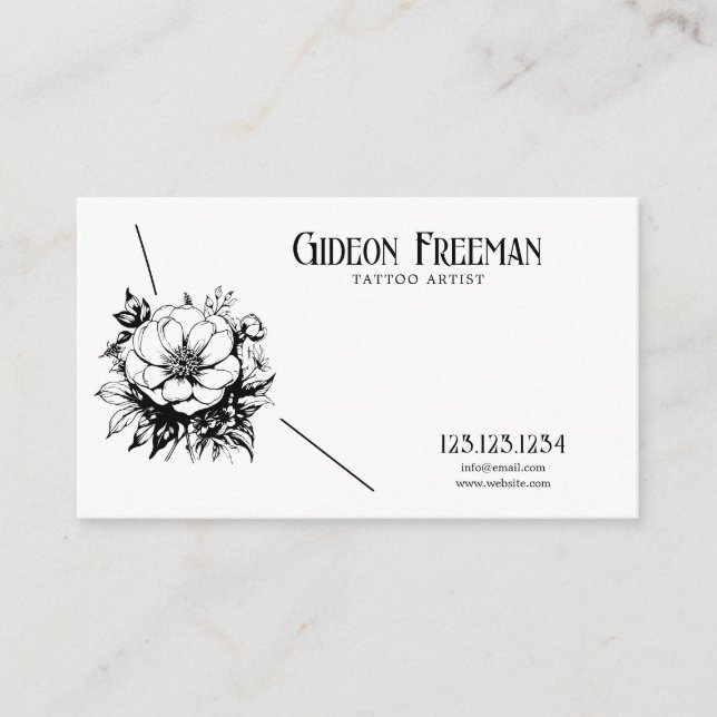 Modern Black and White Wildflower Tattoo Artist Business Card (Front)