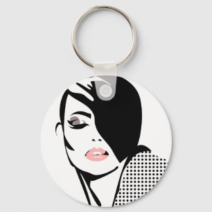 Modern black and white woman portrait minimalist key ring