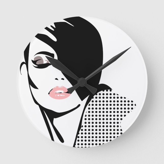 Modern black and white woman portrait minimalist  round clock (Front)