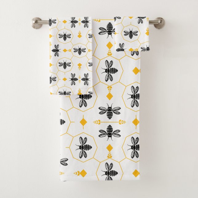 Modern Black and Yellow Bee Pattern Monogram Bath Towel Set (Insitu)