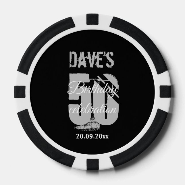 Modern Black Any Age 50 Birthday Party Favour Poker Chips (Front)
