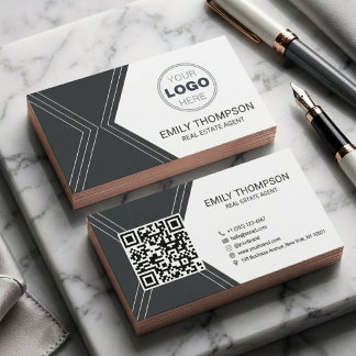 Modern Black Art Deco QR Code Real Estate Logo Business Card