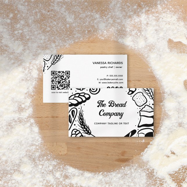 Modern Black Baked Goods Border QR Code Bakery  Business Card (Creator Uploaded)