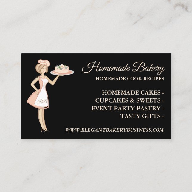 Modern Black Bakery Woman Cake Service Business Card (Front)
