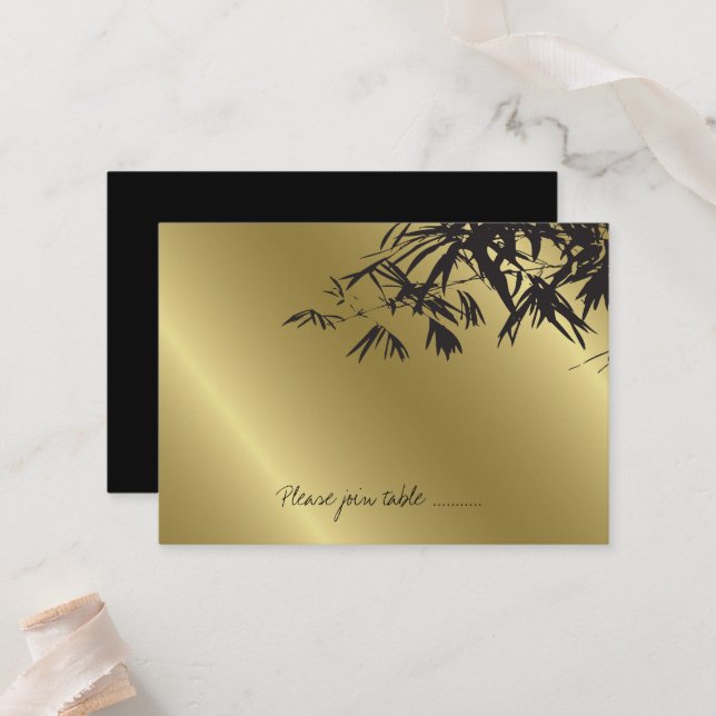 Modern Black Bamboo Leaves On Gold Asian Wedding Place Card (Front/Back In Situ)