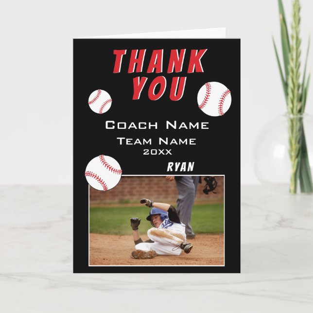 Modern Black Baseball Thank you Coach Photo Card (Front)
