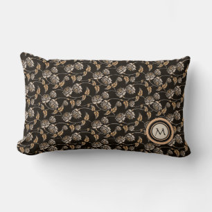 Modern Black & Beige Floral Pattern Monogram Lumbar Cushion