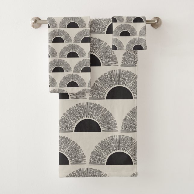 Modern Black & Beige Sunset Abstract Art Pattern Bath Towel Set (Insitu)