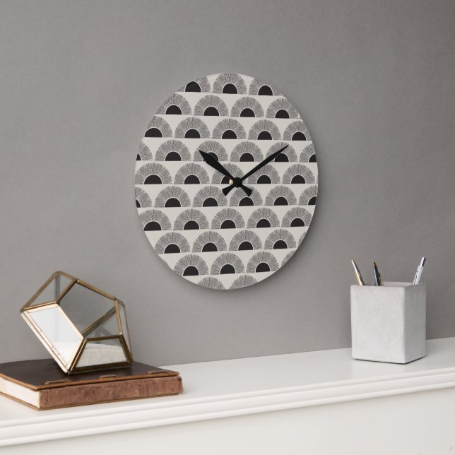 Modern Black & Beige Sunset Abstract Art Pattern Large Clock (Office)