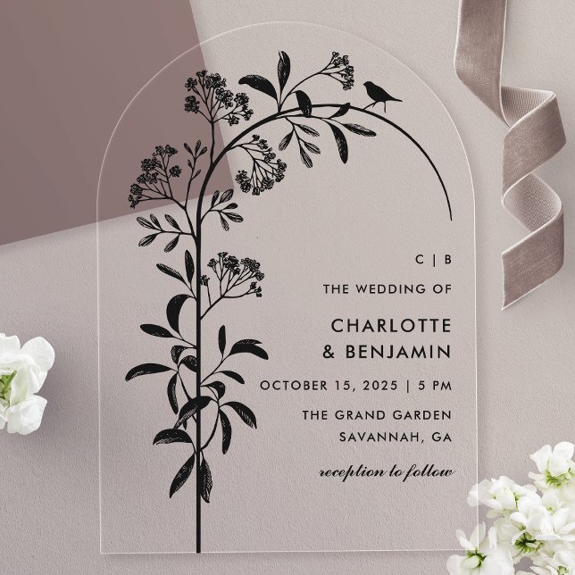 Modern Black Bird Botanical Arch Wedding Acrylic Invitations (Creator Uploaded)