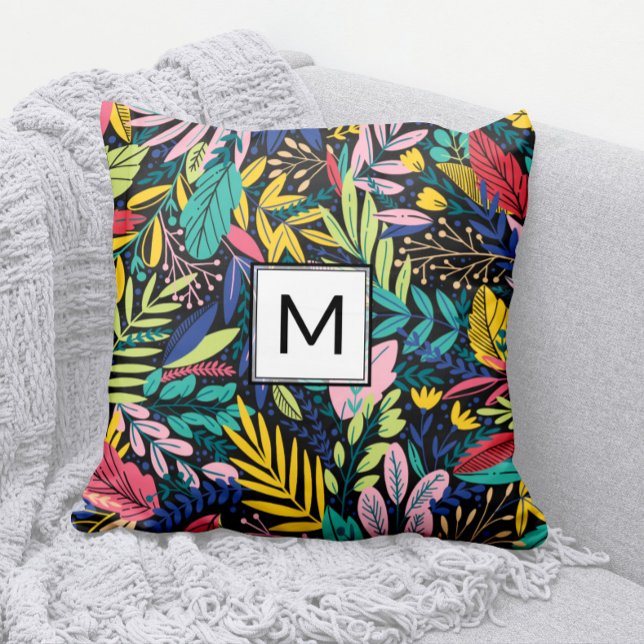 Modern Black Block Monogram Colourful Leaves Art Cushion (Modern Monogram Pillow with Bright, Cheery, Colorful Leaves Pattern)