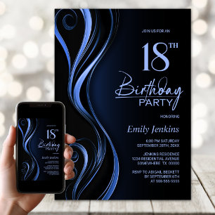 Modern Black Blue 18th Birthday Party Invitation