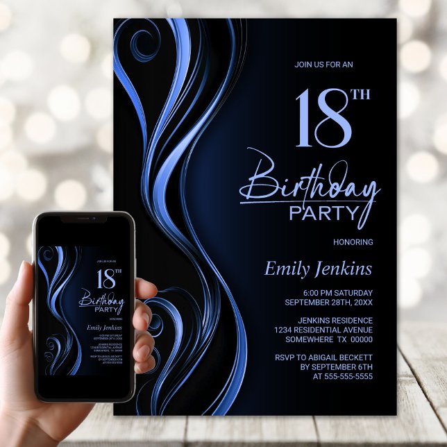 Modern Black Blue 18th Birthday Party Invitation (Creator Uploaded)
