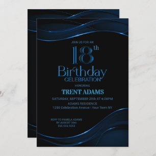 Modern Black Blue 18th Birthday Party Invitation