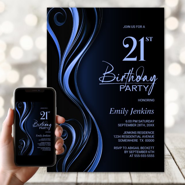 Modern Black Blue 21st Birthday Party Invitation (Creator Uploaded)